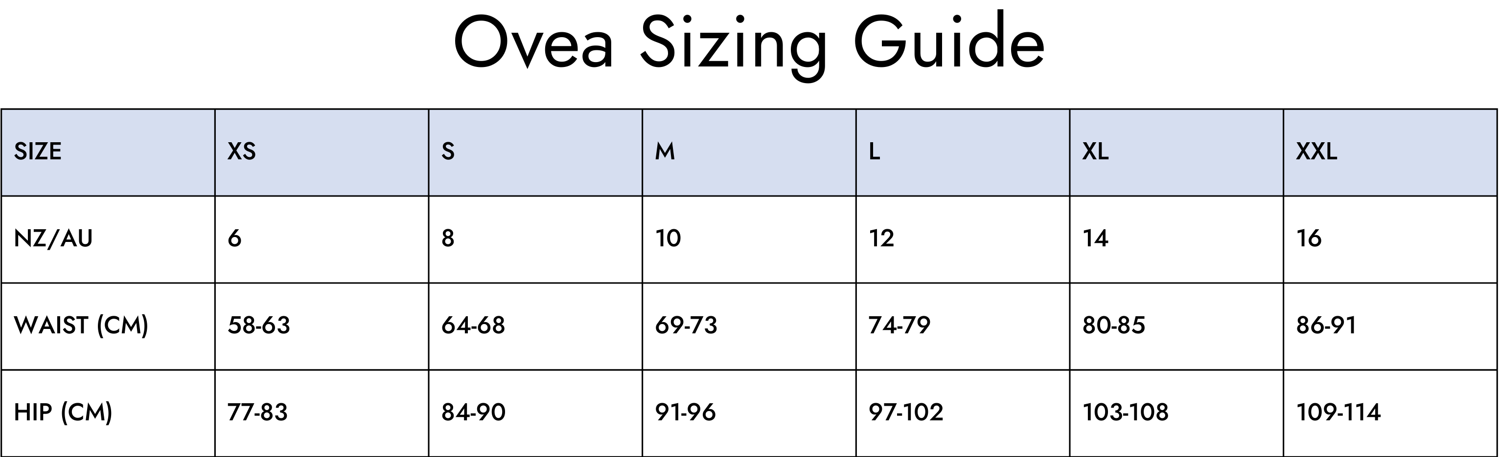 Ovea sizing guide 